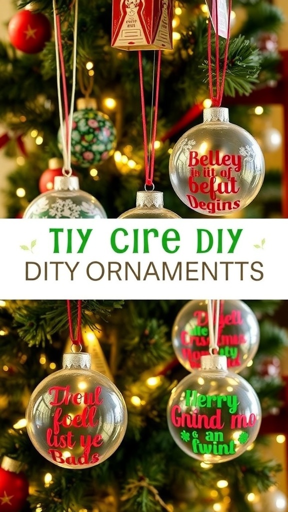 Colorful DIY Christmas ornaments with vinyl designs hanging on a Christmas tree.